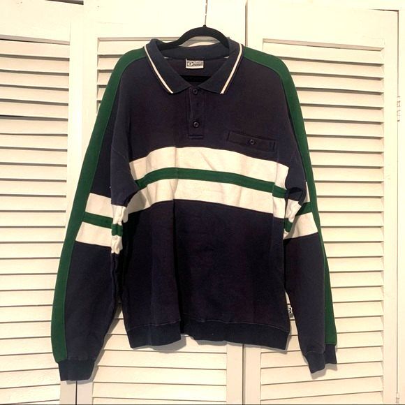 Vintage DISCUS Athletic Sporty 80's Striped Preppy Rugby Polo size Large - Picture 1 of 10